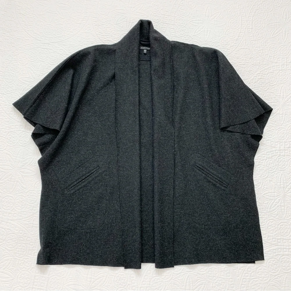 Eileen Fisher Wool-Blend Kimono Poncho‎ Cardigan Wrap Cape, Charcoal (M/L)